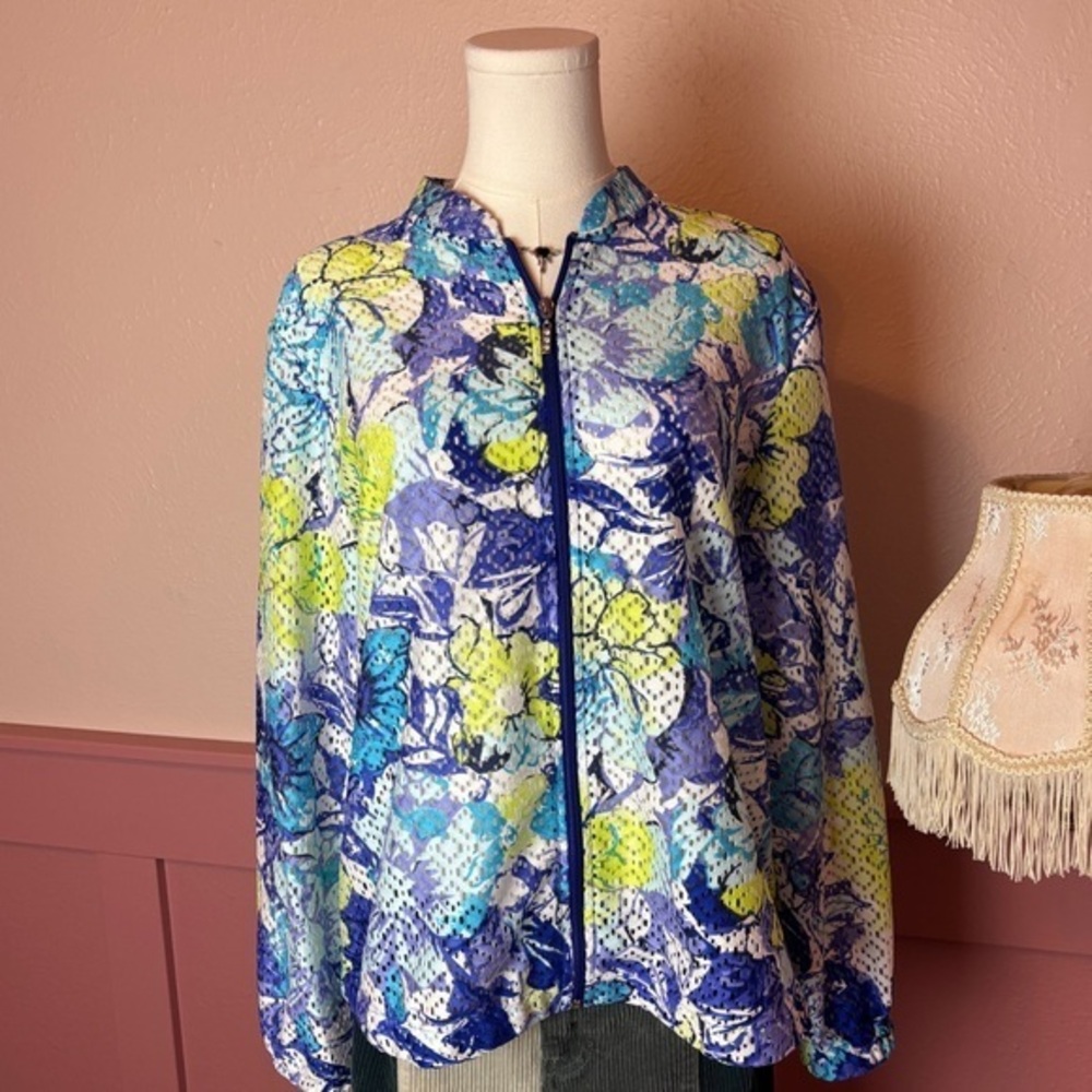 Allison Daley y2k vtg floral garden mesh zip up jacket sz 12 blue green duster